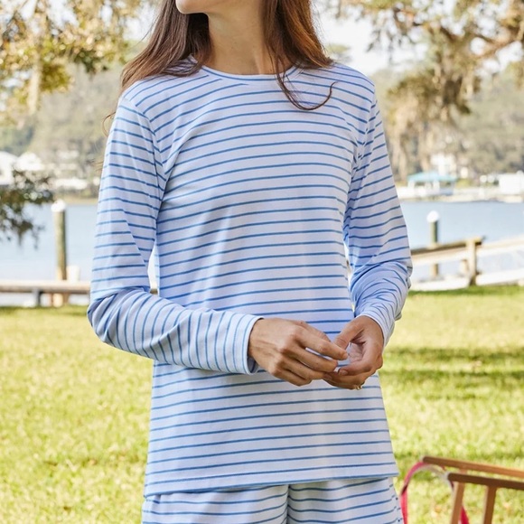LAKE Pima Cotton Baltic Blue Striped Long Sleeve‎ Pajama Shirt Top Medium